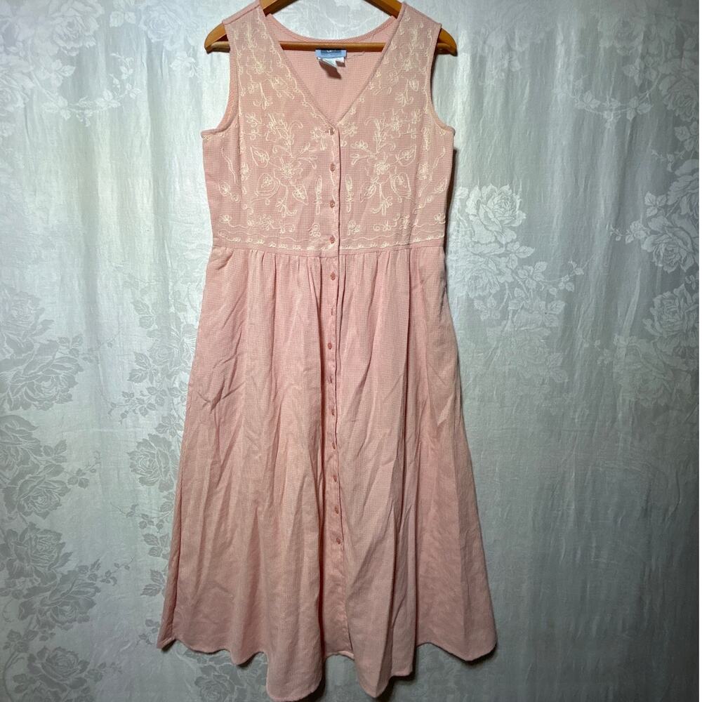 Vintage Midi Shirt Dress 10 Pink Gingham Embroidered Sleeveless Pockets Prairie